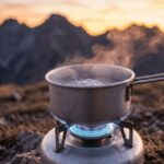 hornillo de camping a gas portátil hirviendo agua en la montaña al amanecer