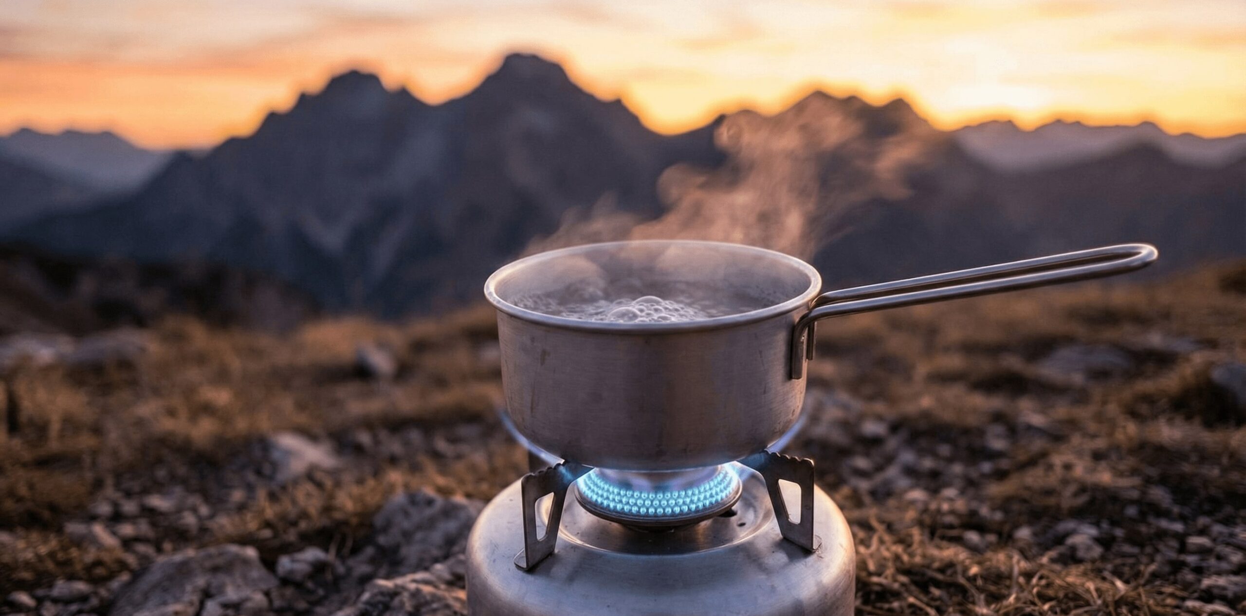 hornillo de camping a gas portátil hirviendo agua en la montaña al amanecer