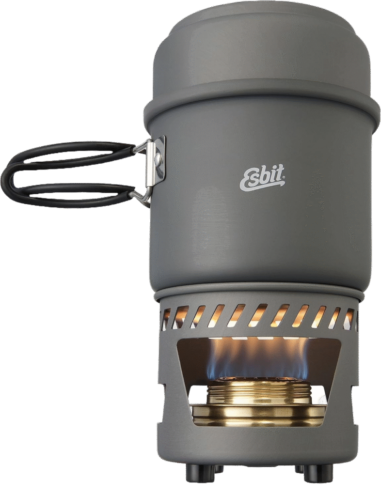 hornillo de alcohol Esbit para camping con olla integrada y soporte cortaviento