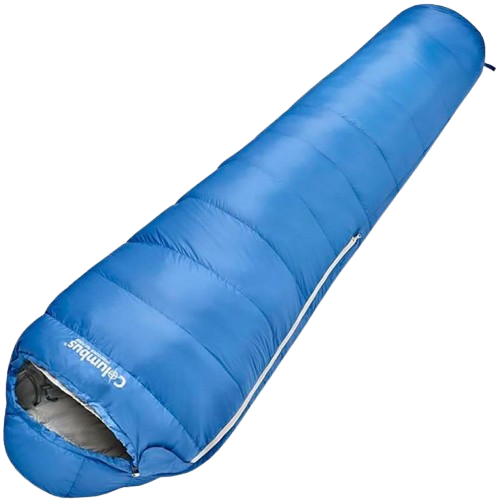 Saco de dormir tipo momia Columbus de color azul para trekking.