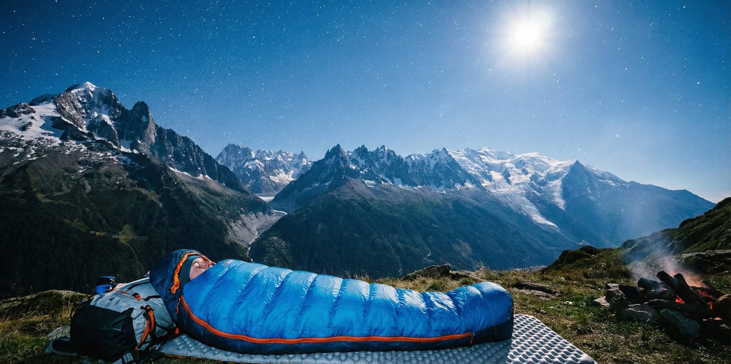 Persona durmiendo en un saco de dormir azul haciendo vivac frente a montañas nevadas bajo las estrellas.