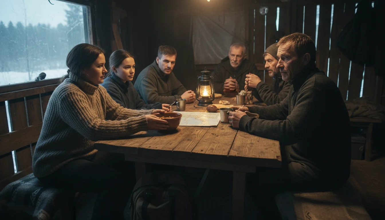 Personas acercándose a un refugio fortificado, observadas con binoculares. Gestión de extraños en refugio de emergencia.