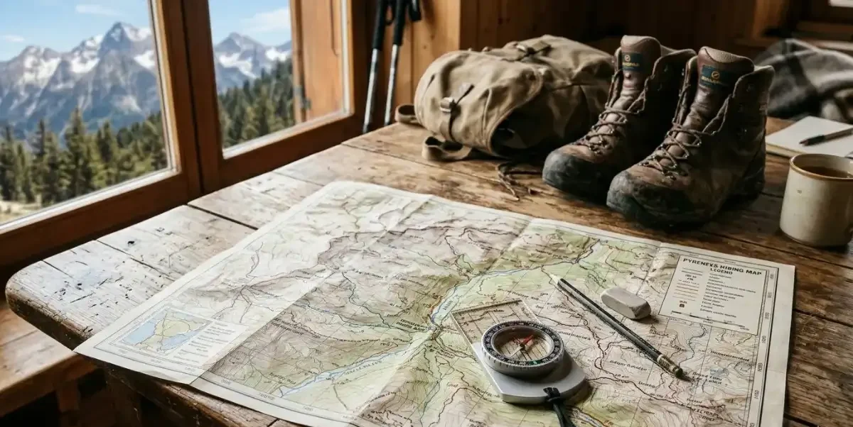 Mapa topográfico extendido en una mesa con brújula y equipo de senderismo.