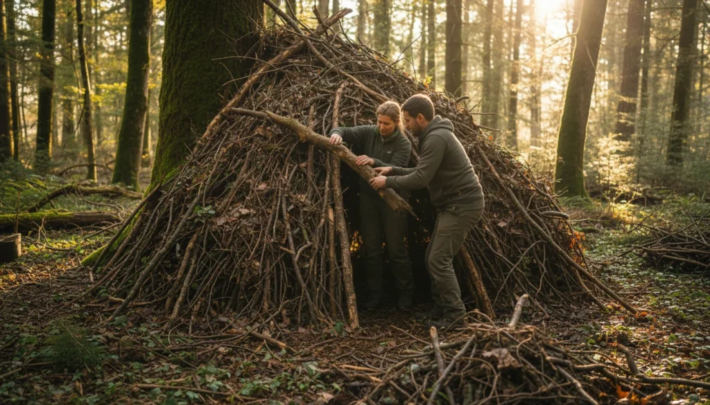 Construcción de un refugio de escombros o restos vegetales sin herramientas