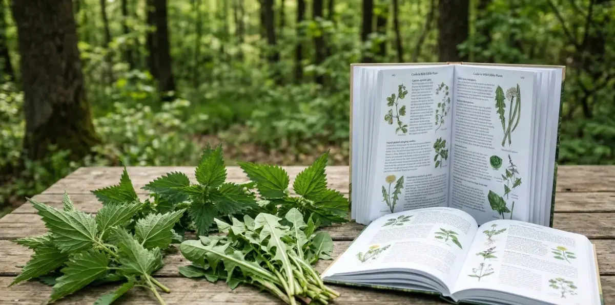 Plantas silvestres comestibles junto a una guía de botánica en un entorno natural.