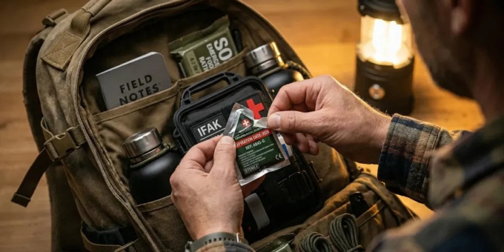 Persona realizando el mantenimiento preventivo de una mochila de emergencia.
