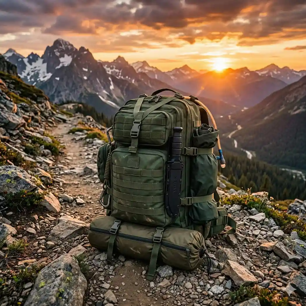 Mochila de supervivencia profesional equipada en un sendero de montaña al atardecer.
