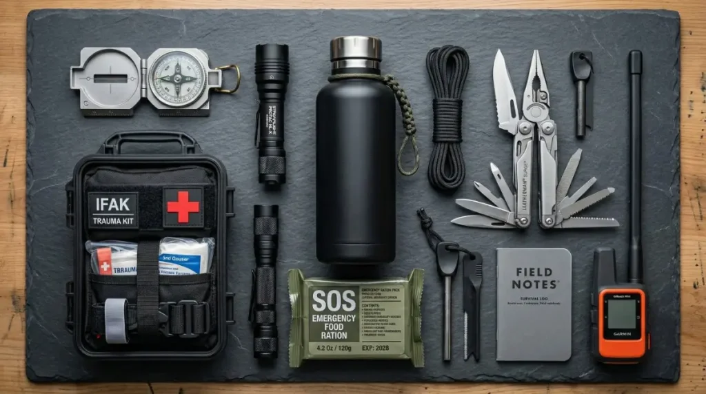 Desglose organizado de objetos de supervivencia y kit de emergencia sobre superficie técnica.