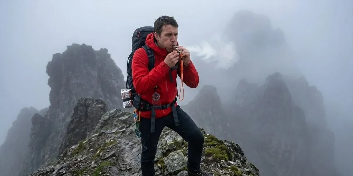 Senderista usando un silbato de emergencia en una montaña con niebla.