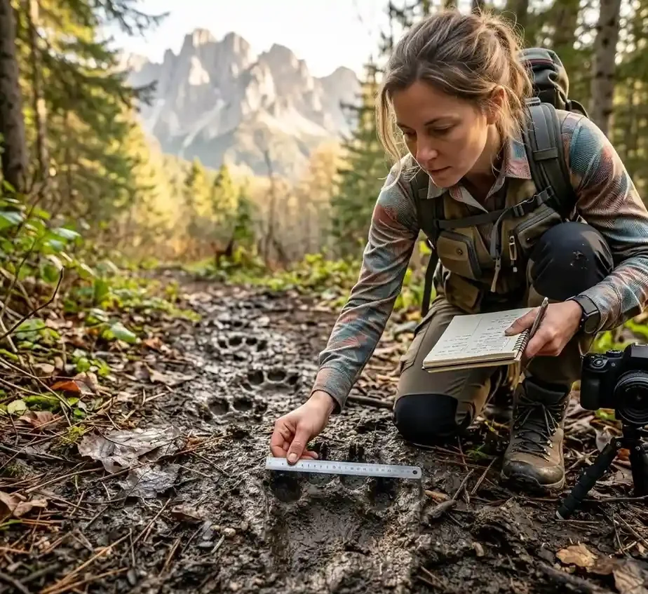 Montañera midiendo y documentando rastros de animales en un sendero.