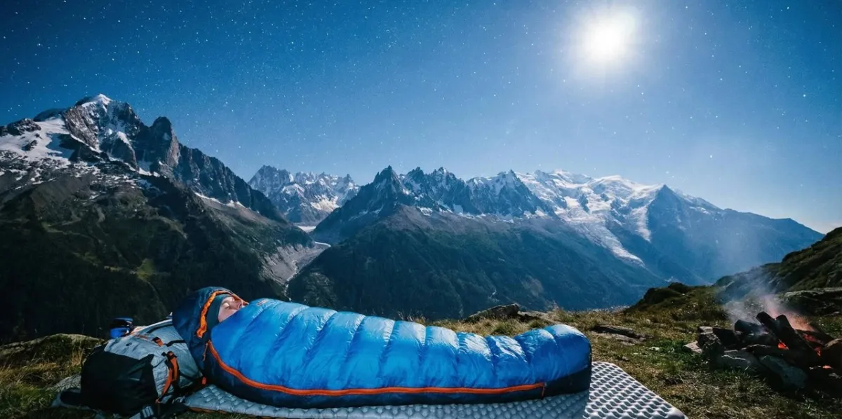 Persona durmiendo en un saco de dormir azul haciendo vivac frente a montañas nevadas bajo las estrellas.
