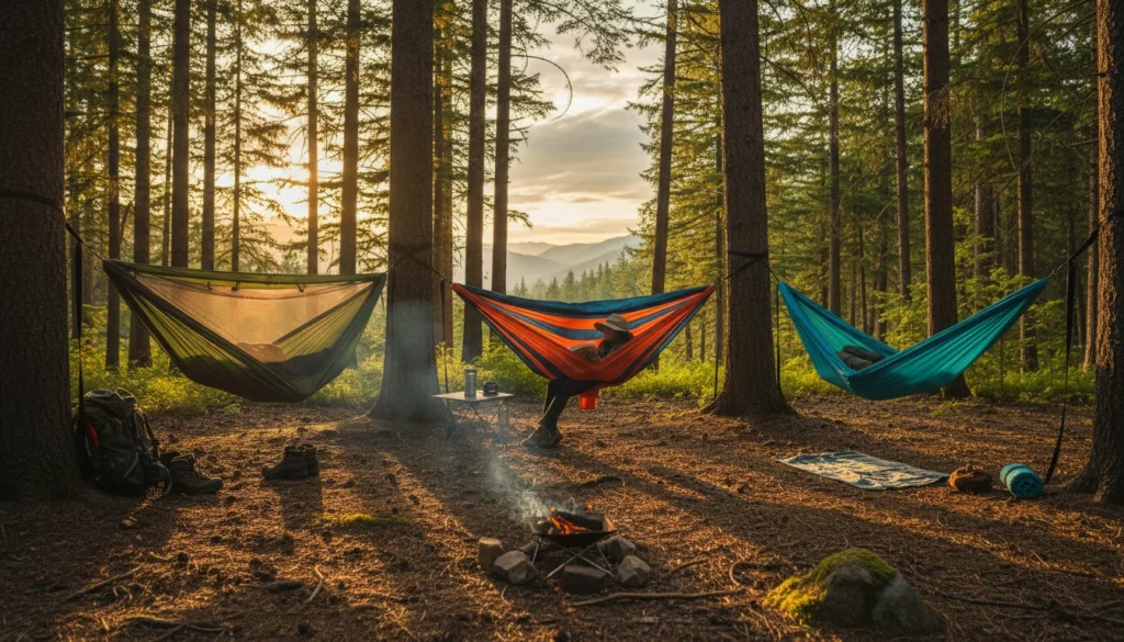 Persona descansando cómodamente en una hamaca de camping suspendida entre árboles, con mosquitera y protección. Ideal para aventureros.