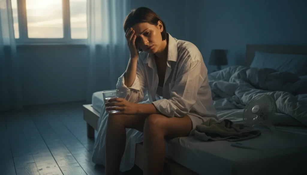 Persona en la cama con frío o sudoración, ilustrando el insomnio y la disregulación térmica corporal.