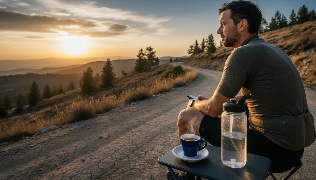 Montañista disfrutando de una taza de café caliente al amanecer en la montaña, preparándose para el rendimiento. Cafeína montaña.