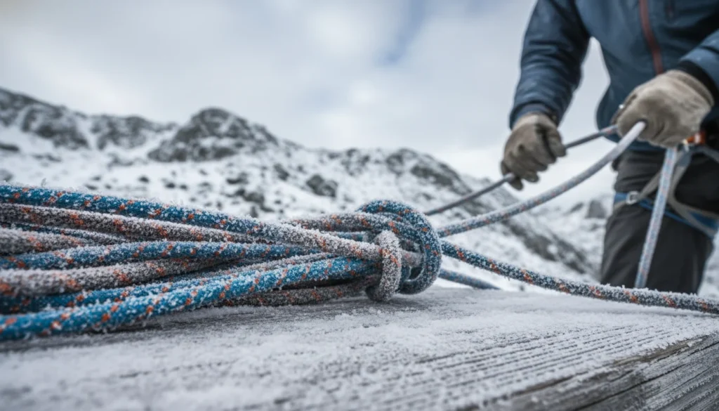 Cuerda de escalada cubierta de hielo en un entorno montañoso invernal, mostrando el efecto de la congelación en cuerdas de escalada.
