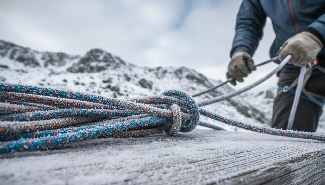 Cuerda de escalada cubierta de hielo en un entorno montañoso invernal, mostrando el efecto de la congelación en cuerdas de escalada.