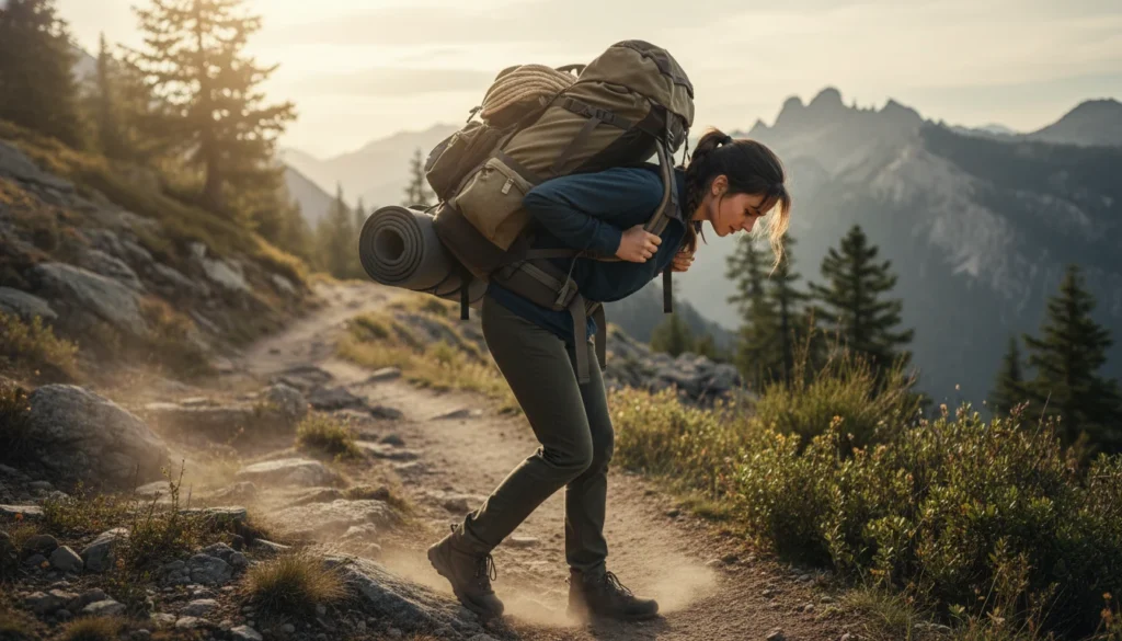 Senderista con mochila pesada caminando por la montaña, manteniendo una postura correcta y ergonómica para evitar la fatiga.