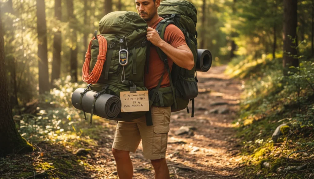 Persona con mochila de senderismo ligera caminando por un sendero montañoso, optimizando el peso ideal mochila.