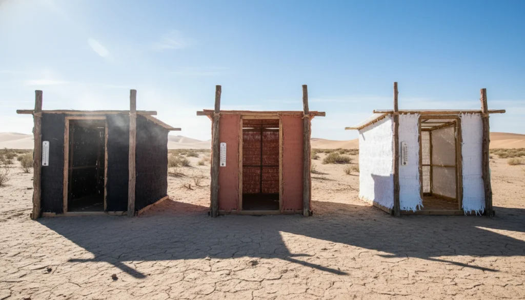 Tienda de campaña roja en montaña nevada y tienda blanca en playa soleada, ilustrando la retención de calor solar.