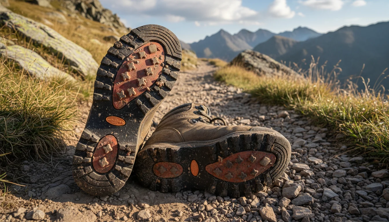 Suela de bota de montaña con desgaste evidente sobre terreno rocoso, ilustrando el impacto del entorno en el desgaste de suelas de botas.