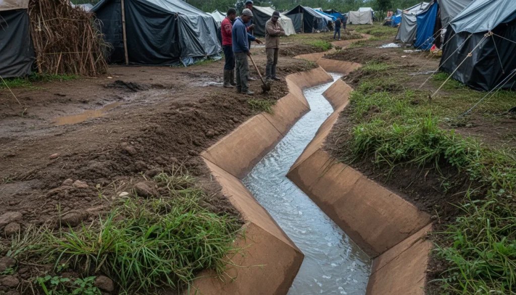 Persona excavando una zanja de drenaje de tienda de campaña para desviar el agua de lluvia en un campamento bajo la lluvia.