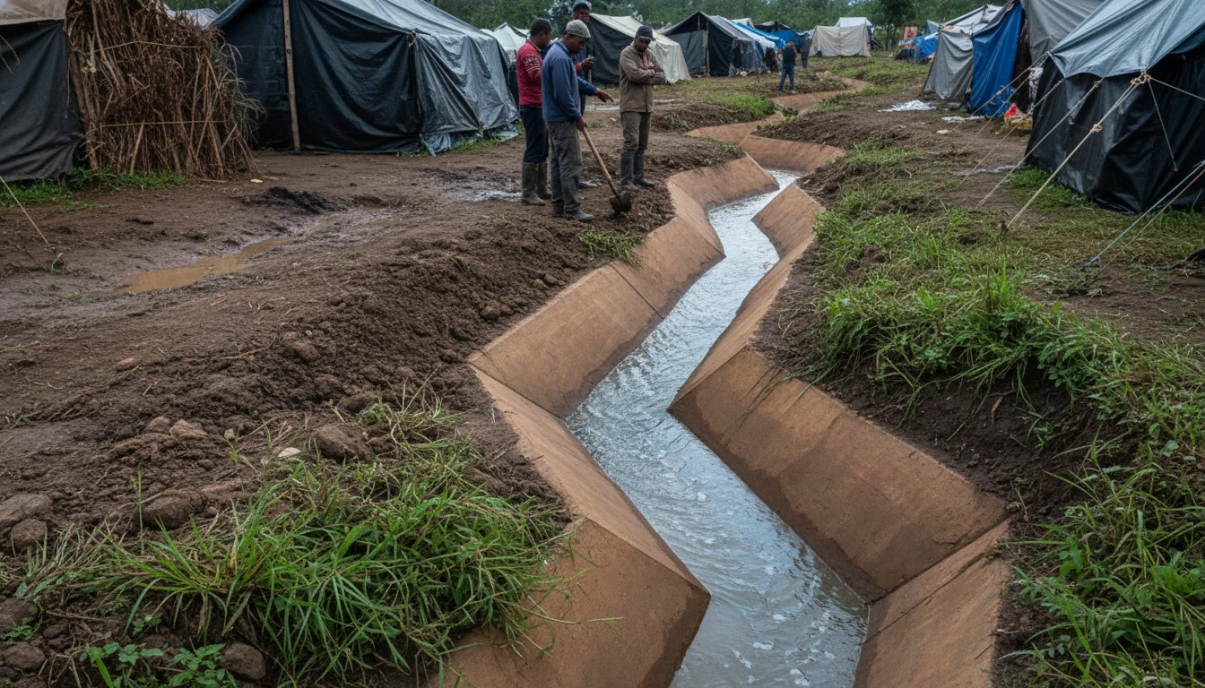 Persona excavando una zanja de drenaje de tienda de campaña para desviar el agua de lluvia en un campamento bajo la lluvia.