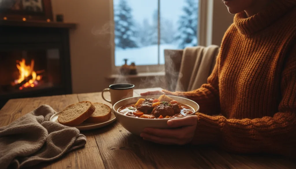 Persona abrigada en invierno sintiendo frío tras comer una comida caliente, ilustrando la conexión entre digestión y frío corporal.