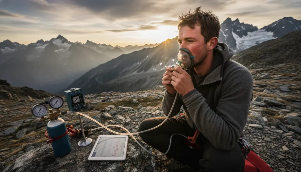 Alpinista en la cumbre del Everest con equipo, mostrando la lucha del cuerpo con la fisiología respiración altitud y la hipoxia.