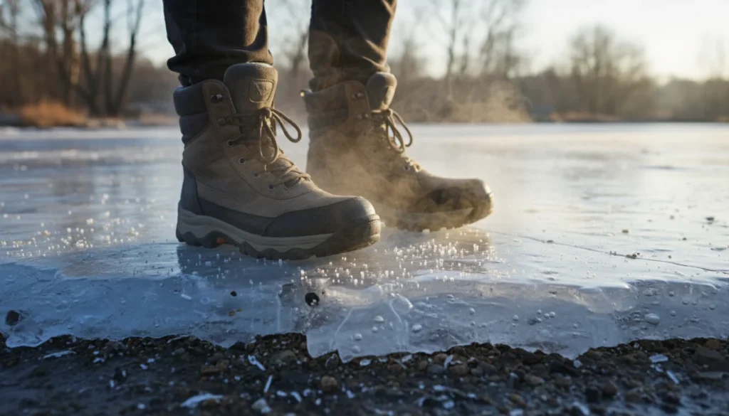 Un excursionista con botas de montaña de invierno pisando nieve helada, ilustrando la conducción térmica y la protección del calzado.