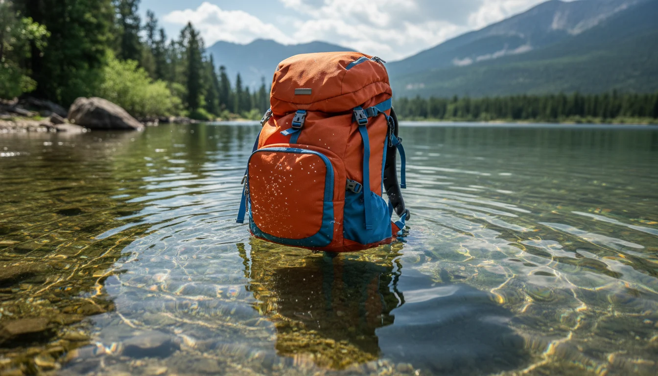 Mochila de trekking flotando en un río mientras una persona vadea, demostrando la flotabilidad mochila y la seguridad en el cruce.