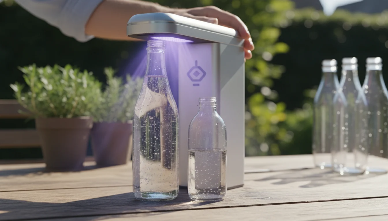 Botellas transparentes con agua expuestas al sol para el método SODIS de purificación. Muestra el proceso de desinfección solar del agua.