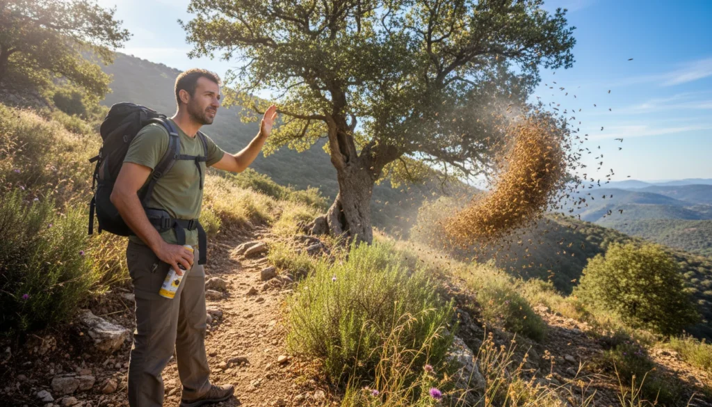Persona cubriéndose la cara huyendo de un enjambre de abejas o avispas en el monte, representando un ataque de abejas avispas supervivencia.