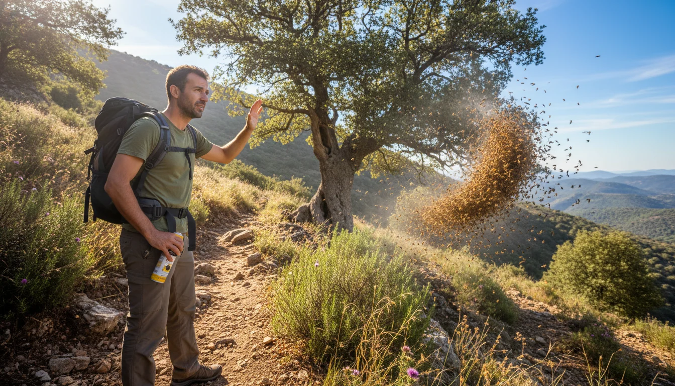 Persona cubriéndose la cara huyendo de un enjambre de abejas o avispas en el monte, representando un ataque de abejas avispas supervivencia.