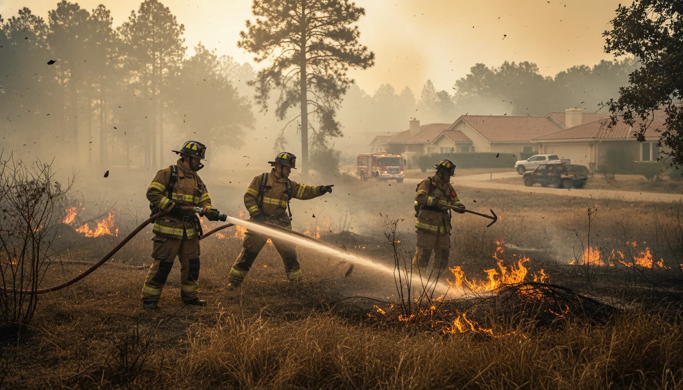 Una vivienda en el límite de un bosque con una zona de defensa despejada, simbolizando la prevención de incendios interfaz urbano forestal.