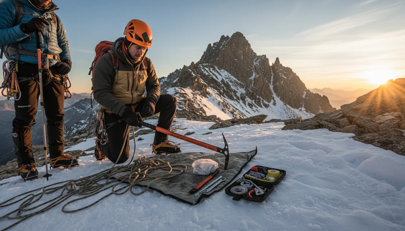 Primer plano de un piolet de montaña dañado con cinta americana, simbolizando la reparación de un piolet o bastón roto en emergencia.