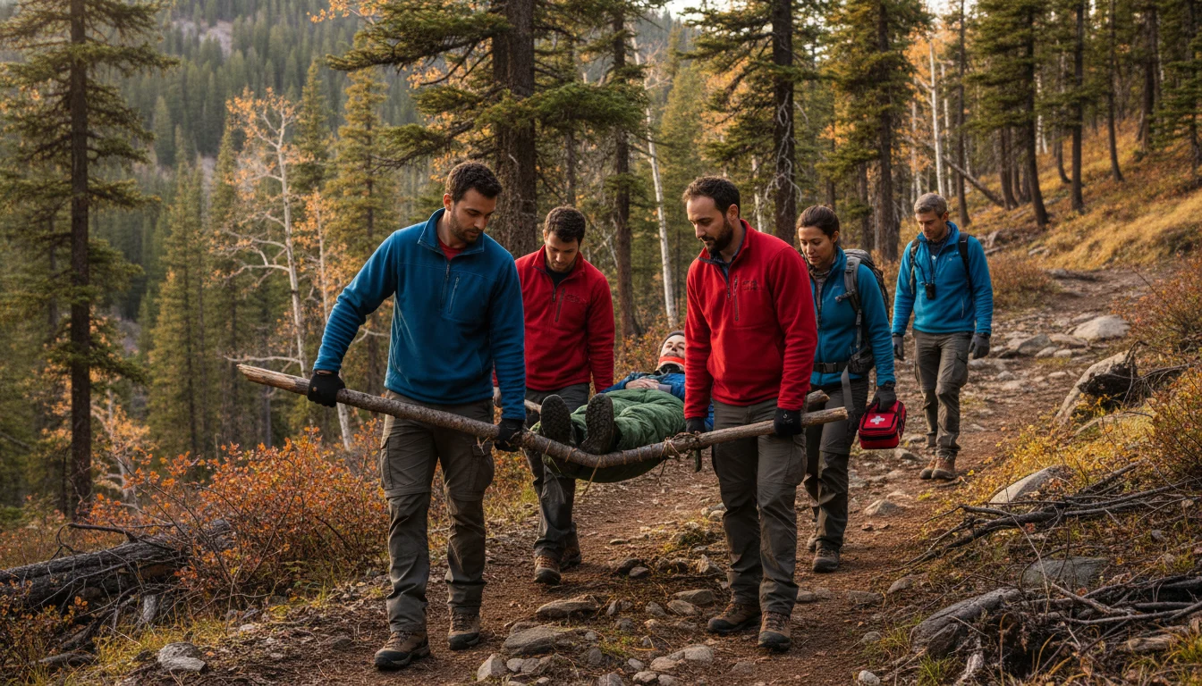 Equipo coordinado transporta a un herido en camilla improvisada por un sendero rocoso, aplicando protocolo de evacuación.